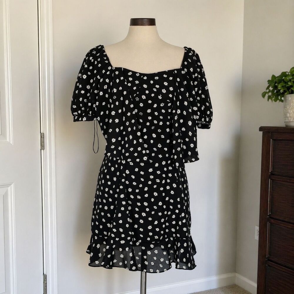 Dress Forum Black Floral Mini Dress Large Puff Sleeve Smocked Babydoll